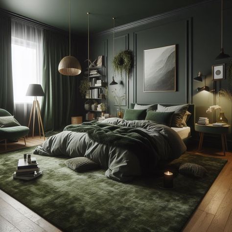 Dark Green Bedroom Mossy Green Rug Black And Dark Green Bedroom, Dark Green Bedroom Ideas, Green Room Ideas Bedroom, Emerald Green Bedrooms, Dark Green Bedroom, Dark Green Rooms, Green Bedroom Ideas, Dark Blue Bedrooms, Bedroom Colour Palette