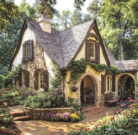 Real House Exterior, Cottage With Tower, Gorgeous House Exterior, Dream House Exterior Cottage, Antique House Exterior, Whimsical House Exterior, Cottagecore Mansion, Tudor Style Homes Interior, Cottage Core House Exterior