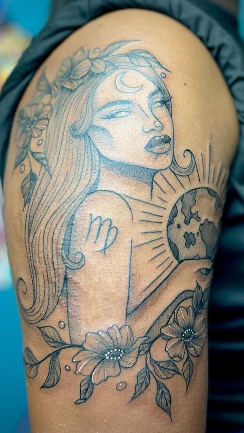 A sophisticated thigh tattoo depicting a serene woman's face with Virgo zodiac sign, moon, and floral embellishments - a harmonious design for a Virgo lady Virgo Tattoo Ideas For Women, Virgo Tattoo Ideas, Virgo Tattoo Designs, Virgo Tattoo, Delicate Tattoo, Zodiac Tattoos, Hand Tattoos For Women, Tattoo Ideas For Women, Dope Tattoos For Women