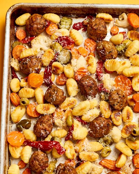 Miracle Meal: Sheet Pan Gnocchi, Meatballs, and Giardiniera | Kitchn Sheet Pan Dinner Ideas, Giardiniera Recipe, Sheet Pan Gnocchi, Gnocchi Recipes Easy, One Pan Dinner Recipes, Weeknight Pasta, Weekend Meal Prep, Sauce Spaghetti, Easy Sheet Pan Dinners