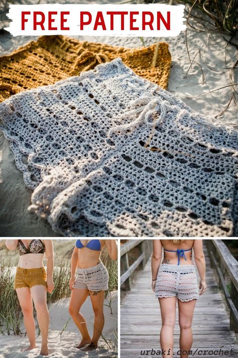 The Summer Breeze Shorts are perfect for those hot summer days when visiting the beach or lake or pool! They look fantastic over your bathing suit bottoms!    They have open stitches making them breezy with an added waistband that’s strung using i-cord to keep your Summer Breeze Shorts in place and are constructed using four panels.    #crochet #summercrochet #crochetshort #breezeshort #crochetpattern #freecrochet #urbaki #urbakicrochet Shorts Tejidos A Crochet, Rail Quilt, Shorts Pattern Free, Crochet Shorts Pattern, Crochet Bathing Suits, Crochet Bottoms, Crochet Pants, Crochet Shorts, Crochet Summer