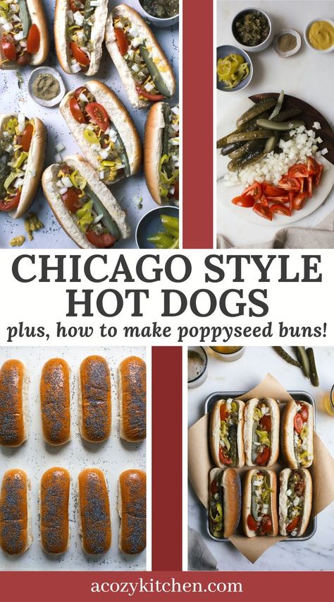 These Chicago Style Hot Dogs are as close as you’re going to get without having to buy a ticket to Chicago. I’m going to go through all the specific toppings and show you how to D.I.Y. a poppyseed bun. When you need a quick meal for lunch or dinner, reach for this easy hot dog and bun recipe! Chicago Dog Toppings, Chicago Hot Dog Recipe, Poppy Seed Buns Recipe, Chicago Dog Recipe, Poppy Seed Buns, Chicago Dogs, Hot Dog Buns Recipe, Dogs Recipes, Chicago Style Hot Dog