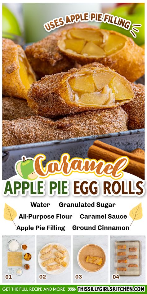 caramel apple pie egg rolls Dessert Egg Rolls Recipe, Eggroll Recipes, Apple Pie Egg Rolls, No Egg Desserts, Crispy Egg, Apple Pie Recipe, Apple Pie Filling, Caramel Apple Pie, Egg Roll Wrappers