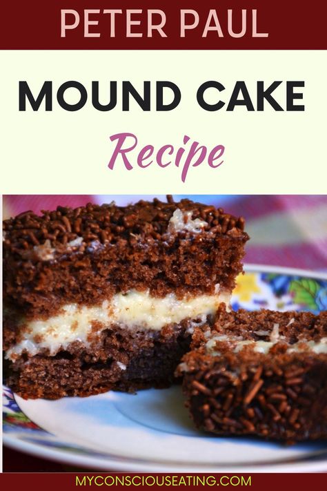 I take pride in baking the Peter Paul Mound Cake, with its luscious coconut filling and rich chocolate layers. It's a dessert that's as indulgent as it is delightful to present! #PeterPaulMoundCakeRecipe #CoconutCake Mounds Cake Recipe, Chocolate Cake Coconut, Christmas Desert Recipes, Cake Ingredients List, Mounds Cake, Cake Coconut, Coconut Filling, Cake Mix Ingredients, Two Layer Cakes