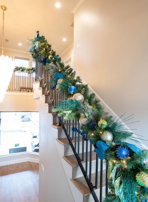 Custom Christmas garland, decor, green & blue, garland for stairs Blue Green Christmas Tree Color Schemes, Christmas Decor Ideas Blue And Green, Blue Green Gold Christmas Decor, Blue Garland Christmas, Green And Blue Christmas Decor, Blue Green Christmas Decor, Blue Xmas Decorating Ideas, Green Blue Christmas Tree, Blue And Green Christmas Decor