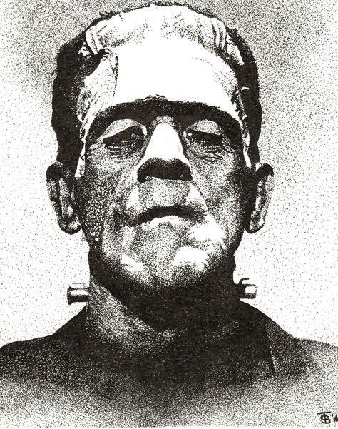 Frankenstein stippled portrait Stipple Portrait, Stippling Portrait, Stippling Art Portraits, Frankenstein Drawing, Stipple Art, Wizard Drawings, Stippling Drawing, Frankenstein Art, Vintage Halloween Art