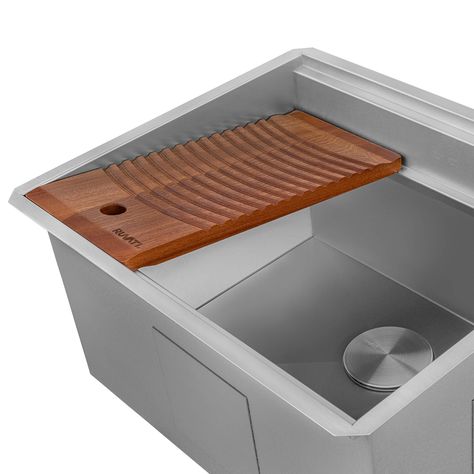 Ruvati Alto 23 x 19 x 12 inch Deep Laundry Workstation Sink with Washboard Undermount Stainless Steel, 16, RVU6525The Alto collection of workstation sinks from Ruvati brings added functionality and thoughtfully designed accessories to your laundry room. This sink features a unique wooden washboard that sits at an angle on your sink, and allows you to handwash clothes directly on your sink. Also included is a foldable drying rack that sits on your sink ledge. You can use it to hang clothes to dry Sink With Washboard, Foldable Drying Rack, Landry Room, Workstation Sink, Laundry Room Sink, Trough Sink, Modern Laundry Rooms, Laundry Sink, Utility Sink