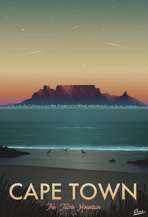 Table Mountain Illustration, South Africa Poster, Place Poster, Table Mountain Cape Town, Wanderlust Decor, Safari Art, Mountain Drawing, Afrique Art, Surf Poster