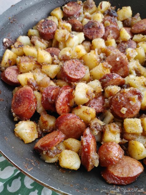 Southern Fried Potatoes & Sausage! A simple budget-friendly recipe for a one-pan skillet meal with smoked sausage, onions and southern-style fried potatoes. Quick And Easy Sausage Recipes, Kalbasa And Potatoes, Southern Sausage And Potatoes, Fried Potatoes And Sausage In Oven, Hog Sausage Recipes, Smoked Sausage Dishes, Sausage Main Dish Recipes, Recipes With Hillshire Farm Sausage, Ham Sausage Recipes