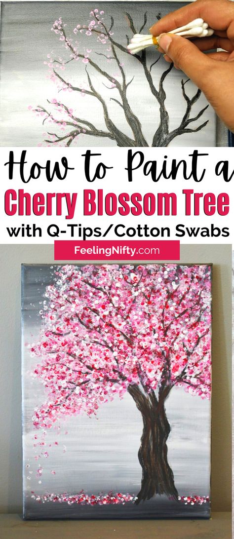 Cherry Blossom Painting Acrylic, Q Tips, Cherry Blossom Painting, Art Projects For Teens, Cherry Blossom Art, Canvas Painting Tutorials, Blossoms Art, Cotton Swabs, Blossom Tree