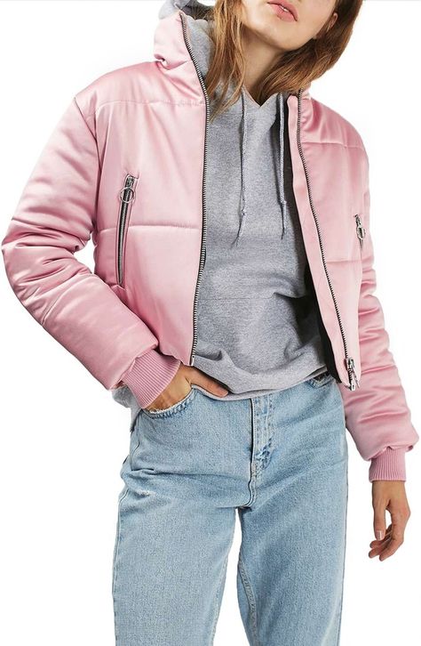 topshop Pink Cropped Jacket, Crop Puffer Jacket, Ear Decoration, Pink Coats, Pink Puffer Jacket, Quilted Sleeves, Random Style, Cropped Puffer Jacket, Pink Coat