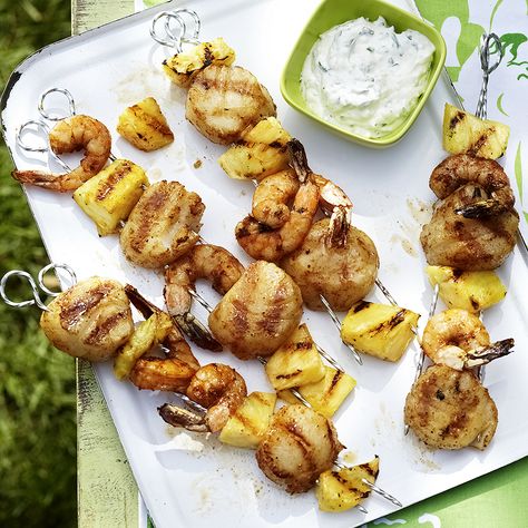 Shrimp, Scallop & Pineapple Skewers with Cilantro Aioli Scallop Skewers, Seafood Skewers, Cilantro Aioli, Pineapple Skewers, Pineapple Skewer, Shrimp Scallops, Aioli Recipe, Grilled Shrimp Recipes, Shrimp And Asparagus