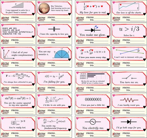 Evil Mad Scientist Valentines - free printables Calculus Valentines Puns, Biology Valentines, Periodic Table Valentines Cards, Math Valentines Pun, Physics Valentines Cards, Geek Valentine, Evil Mad Scientist, Nerdy Valentines, Valentines Day Bulletin Board