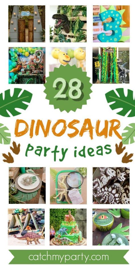 Dinosaur parties are incredibly popular on CatchMyParty.com. Kids can't get enough of these awesome pre-historic beasts and it's such a sought-after party theme. Planning a party can be hard work so be sure to check out these 28 fab dinosaur party ideas to help you lighten the load. See more party ideas and share yours at CatchMyParty.com Dinosaur Birthday Party Ideas, Dinosaur Party Ideas, Dino Theme, Dinosaur Birthday Party Invitations, Dinosaur Party Supplies, Dinosaur Birthday Party Decorations, Dinosaur Birthday Cakes, Party Ideas For Kids, Dinosaur Party Favors