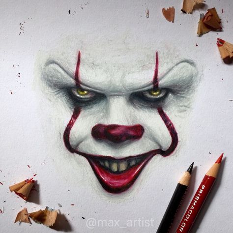 Colored pencil drawing of Pennywise from It Chapter Two movie. Instagram : @max_artist Halloween Prismacolor Drawings, It Pennywise Drawing, Halloween Realistic Drawing, Halloween Drawings Realistic, It Drawings Clown, Pennywise Drawing Easy, Pennywise Drawing Sketch, Penny Wise Drawing, It Artwork