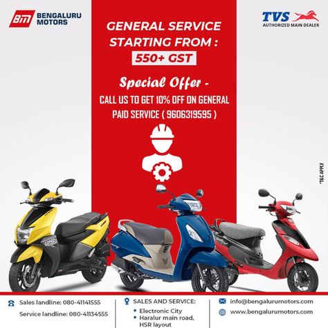 Are you looking for Bike Service? Our service center is now open with all precautionary measures in place. Call us at (9606319595) and get 10% off on general paid service today with Bengaluru Motors. T&C Apply.  Visit Now: www.bengalurumotors.com Sales No.080-41141555 Sales No.6366253111 Service No. 080- 41134555 Service No. 9606289595 Email: Bengalurutvs@gmail.com   #BikeService #Offer #Discount #TVSBike #TVSScooter #TVSMotorCompany #Bangalore Bike Service Poster, Bike Service, Tvs Motor Company, Design Composition, Fb Ads, Composition Design, Creative Ads, Now Open, Automotive Design