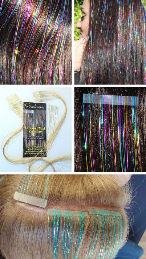 Tutorial on how to install hair tinsel extensions the easy way! Add 150 removable strands in minutes and take them out just as fast without losing a hair! Great for parties, festivals, hair salon add-ons, special events, gifts, raves, dancers, performers or everyday glamour. Just clip-on 8 extensions under a light layer of hair. Remove and reuse over and over again. Our tape-in tinsel extensions stick on under a light layer of hair. Fuse with a flat iron to make them last op to 6 weeks. Diy Hair Tinsel, Tinsel Extensions, Tinsel Hair Extensions, Rave Braids, Tinsel Hair, Hair Remove, Hot Pink Hair, Colored Hair Extensions, Makeup Hacks Beauty Secrets