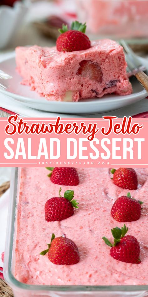 Your new favorite spring salad idea! It's a cold dessert salad with fruit. Layered with bananas at the bottom, this strawberry jello salad is fun and full of flavor. Plus, 5 ingredients are all you need for this easy Easter dessert recipe! Fruit Jello Salad, Easter Jello, Fruit Jello, Salad With Fruit, Strawberry Jello Salad, Easy Spring Recipes, Jello Salads, Pumpkin Rolls Recipe, Jello Dessert Recipes