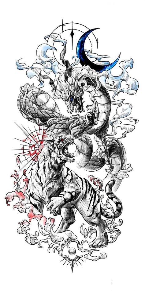 Dragon Tiger Tattoo, Dragon Tattoo Drawing, Ancient Art Tattoo, Mystical Tattoos, Dragon Tattoo Art, Samurai Tattoo Design, Dragon Sleeve Tattoos, Egyptian Tattoo, Zodiac Tattoos