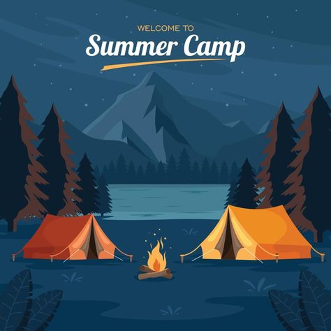 Summer Camp Graphic Design, Summer Camp Drawing, Welcome To Summer Camp, Summer Camp Background, Camp Drawing, Camp Background, Calendar Poster Design, Camping Poster, Welcome To Summer