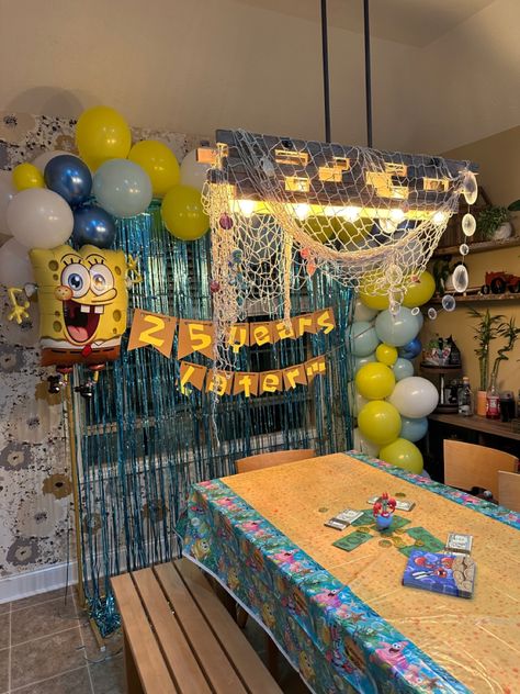 Sponge Bob Birthday Party Ideas For Adults, Spongebob Decorations Ideas, Spongebob Birthday Party Outside, Spongebob Birthday Party Centerpieces, What’s Funnier Spongebob Party, 25th Birthday Party Themes For Women, Spongebob Jello Shots, Spongebob Diy Party Decorations, What’s Funnier Than 24 25 Birthday