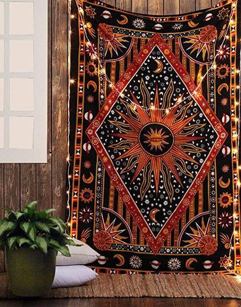 Sun Tapestry, Sun And Moon Mandala, Celestial Tapestry, Burning Sun, Hippie Bedding, Sun And Moon Tapestry, Bohemian Bedspread, Hippie Stil, Mandala Tapestries Wall Hangings