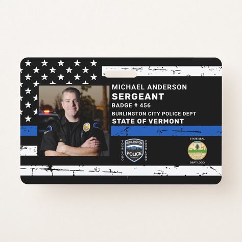 Police Officer Custom Photo Law Enforcement ID Badge  Zazzle Police Pictures, Patriotic Christmas Cards, Employee Id Card, Police Flag, Blue Line Police, Patriotic Christmas, Blue Line Flag, Doctor Picture, Bar Code