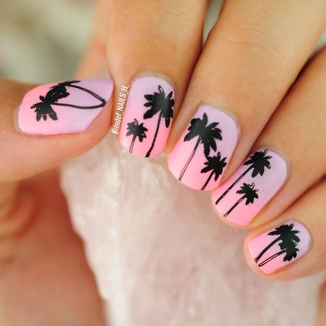 Coachella Sunset Pink & Lilac Ombre with Palm Trees Palm Tree Nails, Tropical Nails, Sunset Pink, Pastel Sunset, Tree Nails, Opi Infinite Shine, Barry M, Spring Pastels, Summer Tropical