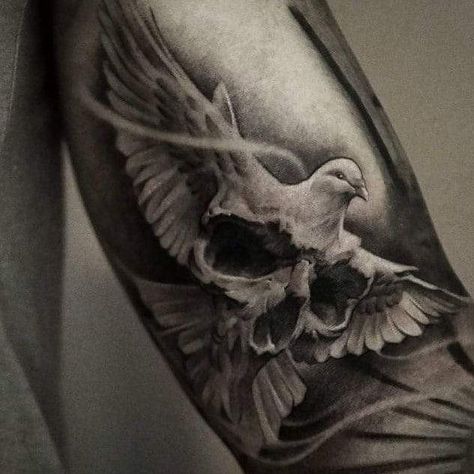 Skull Dove Tattoo, Skull Dove Tattoo Design, Inner Bicep Tattoo Men Ideas Design, Inner Bicep Tattoo Men, Inside Bicep Tattoo Mens, Inside Tattoo, Inside Bicep Tattoo, Skull Rose Tattoos, Dove Tattoos