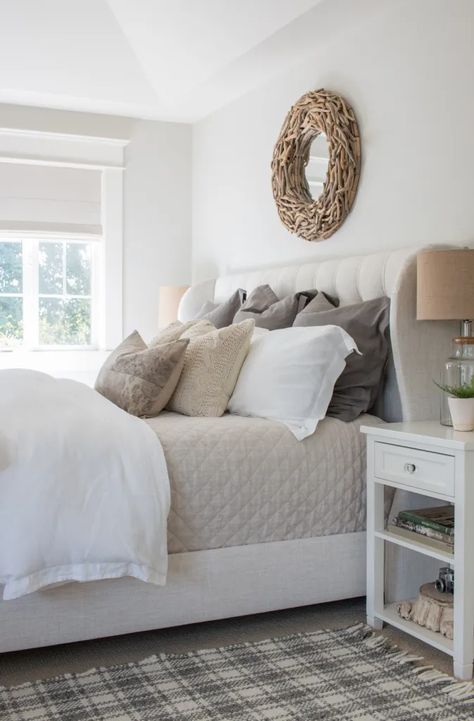 Neutral Master Bedroom - Saw Nail and Paint Neutral Master Bedding, Neutral Bedroom Decor, Neutral Bedrooms, Neutral Bedding, Beach Bedroom, Neutral Bedroom, Linen Bedroom, Interior Designing, Simple Bedroom