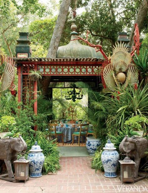 Plant, Garden, Flowerpot, Botany, Shrub, Lawn ornament, Botanical garden, Chinese architecture, Working animal, Houseplant, Magic Garden, Indian Inspired, Outdoor Dining Area, Garden Spaces, Tropical Garden, Outdoor Rooms, Garden Room, Dream Garden, Outdoor Garden