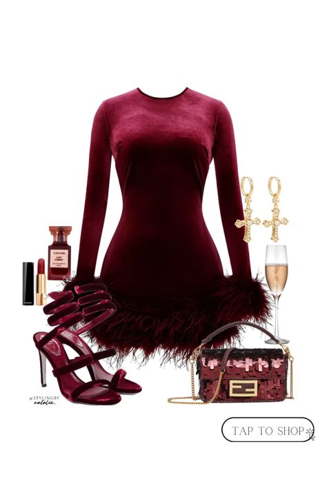 NYE dress, NYE outfit inspo, New Year’s Eve party dress- burgundy dress with feather trim and sleeves, wrap up sandals, sequin fendi  bag, cross earrings. Party New Year Outfit, Burgundy Holiday Outfit, Dress With Feather Trim, Nye Party Dresses, Fashion 23, New Year’s Eve Outfit, Xmas Outfit, Date Night Fashion, Night Fashion