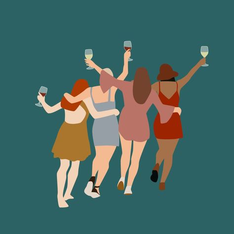 Digital vector illustration featuring a group of female friends each holding a glass of wine. Commission for Coffee to Wine, a fun lifestyle brand for moms. 4 Women Friends, Drawings Of Friends Group Of 4, Four Friends Illustration, Group Of Women Illustration, Two Friends Illustration, Illustration Art Friends Group, Four Friends Drawing, Friends Illustration Art Friendship, 4 Friends Aesthetic