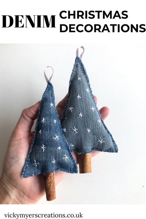 Learn how to make denim Christmas tree decorations, it's easy to make your own upcycled decorations this Christmas #sew #christmasdecorations Denim Christmas Tree, What To Do With Old Jeans, Denim Christmas, Folded Fabric Ornaments, Denim Decor, Fabric Christmas Ornaments Diy, Quilted Christmas Ornaments, Christmas Ornaments Diy, Denim On Denim