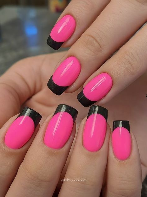 Pink And Black French Tip Nails Short, Short Gel Nail Designs Summer Hot Pink, Bright Pink And Black Nails, Pink Nails With Black Tips, Black French Tips, Black Tips, Short Gel Nails, Black Nail Designs, Gel Nail Designs