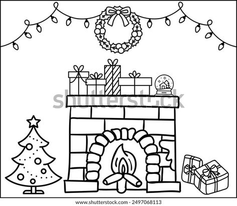 Printable coloring page - Cozy Christmas Fireplace with Tree and Gift Decorations. Warm up your holiday season with this cozy fireplace scene. Adorned with a Christmas tree, gifts, and twinkling light Cozy Christmas Fireplace, Christmas Tree Gifts, Christmas Tress, Tree Gifts, Outline Illustration, Science Signs, Christmas Fireplace, Cozy Fireplace, Schedule Design