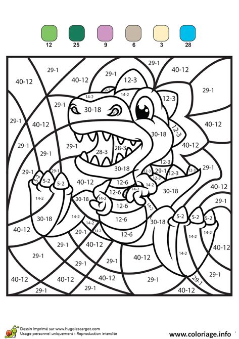 Coloriage magique ce2 ce1 soustraction 5 à imprimer Math Coloring Worksheets, Math Coloring, Kids Math Worksheets, Math Printables, Dinosaur Coloring Pages, School Worksheets, Color By Numbers, Color By Number, Color Worksheets