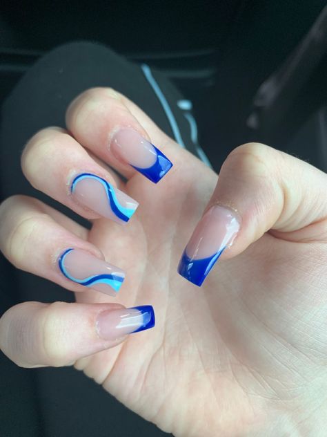 French Nails With Swirl Design, Swirly Nail Designs French Tip, Blue Swirl French Tip Nails, Summer French Tip Nails Square, Swirly French Tip Nails, French Tips With Swirls, French Tips With Blue, Nail Options, Short French Tip Nails