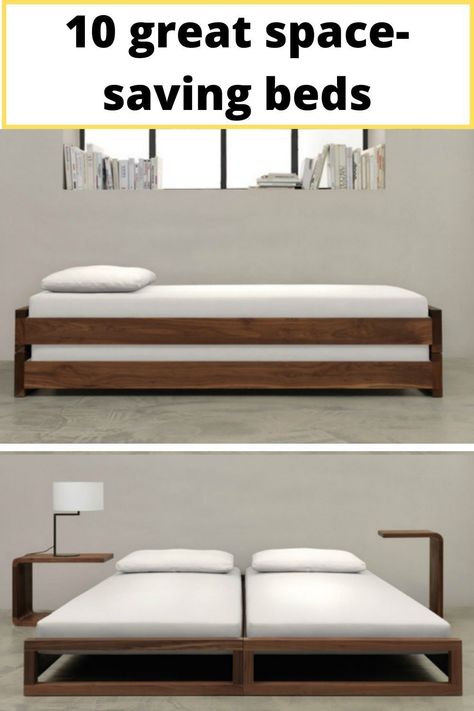 Stacking bed Stacked Twin Beds, Ikea Stacking Bed, Space Saving Queen Bed, Bunk Bed Alternative, Stacking Twin Beds, Ikea Stackable Bed Hack, Temporary Guest Bed Ideas, Stackable Twin Beds, Headboardless Bed Ideas