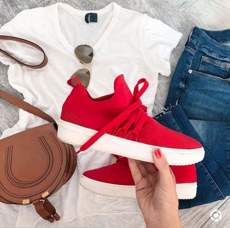 White tee, skinny jeans, red sneakers, & Chloe crossbody | Edit by Lauren Red Sneakers Outfit Women, Crewneck And Jeans, Sick Outfit, Red Sneakers Outfit, Sneakers Outfit Women, Wonderland Clothes, White Shoes Outfit, So Exhausted, Jeans Outfit For Work