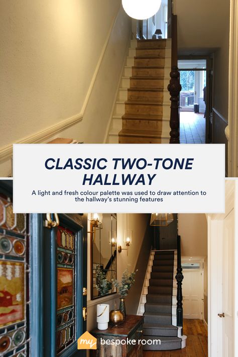 This Victorian-period property received a well-deserved refresh and our team really pulled out all the stops! A light and fresh colour palette was used to draw attention to the hallway’s stunning features, while a bold mirror was hung to bounce light around the narrow room. Click the link to see all the products that went into this beautiful hallway design. #Smallhallway #hallwayinspo #hallwaydesign #cosyhome #cosydecor Victorian Hallway Lighting, Victorian Hallway Colours, Two Tone Hallway, Victorian Hallway Ideas, Classic Hallway, Hallway Narrow, Narrow Room, Victorian Hallway, Cosy Decor