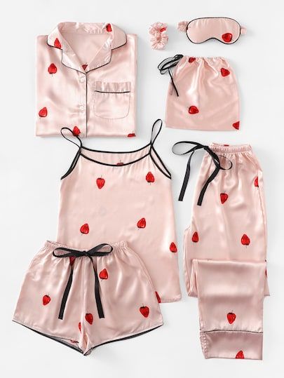 7pcs Strawberry Print Cami Pajama Set With Shirt -SheIn(Sheinside) Strawberry Pajamas, Cherry Pyjamas, Casual Strawberry Print Sleepwear For Pajama Party, Strawberry Sleepwear, Summer Cotton Sleepwear With Strawberry Print, Hot Lingerie, Pijamas Women, Family Pajama Sets, Pajama Outfits