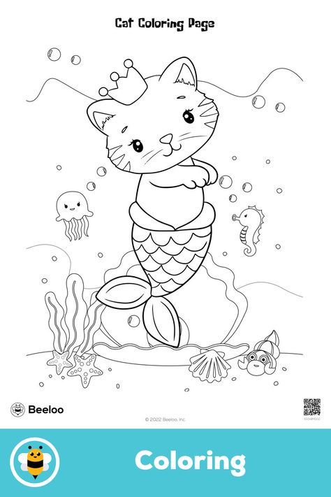 Medium cat-themed coloring page for kids ages 5 and up. Featuring: Cat, mermaid Mermaid Craft, Cat Mermaid, Insect Coloring Pages, Kittens Coloring, Cute Puppies And Kittens, Space Coloring Pages, Mermaid Cat, Summer Coloring, Fish Coloring Page