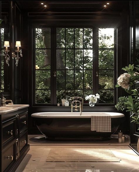 Modern Victorian Bathroom, Gallery Wall Bathroom, Girls Bathroom Ideas, Bathroom Artwork Ideas, Accent Wall Bathroom, Dark Blue Bathrooms, Glass Door Bathroom, Bathroom Gallery Wall, Gothic Bathroom