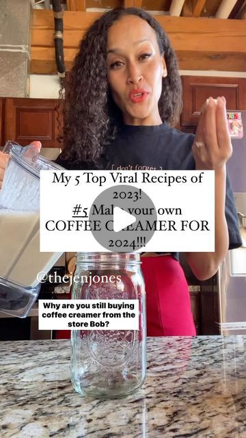 Jen Jones | Plant-Based Queen on Instagram: "My top 5 viral videos of 2023!   I am very grateful for all of the love that I have received this year! Thank you! Get ready for the New Year with my viral coffee creamer!  Glowing skin by @nevell_skin the only moisturizer I use!   @dontforgetthecinnamon_ merch is here! Launching soon!   COFFEE CREAMER!   1/2 cup soaked raw cashews (soak overnight in water or 30 minutes in hot water)  1/2 cup full fat coconut milk  2 cups filtered water  2-3 soaked dates (soak until soft-about 30 minutes in water)  1 tsp good vanilla extract or powder Pinch of salt Ceylon cinnamon! Blend for 2 minutes of until creamy! Keeps in the fridge for 4-5 days! Make less if you are the only one that drinks coffee in your house! Allergic to cashews or coconut? Sub 1 cup of Whole 30 Coffee Creamer, Coconut Milk Creamer Recipe, Powdered Coffee Creamer Recipe, Nevell Skin, Cashew Milk Recipe, Coconut Milk Creamer, Vegan Coffee Creamer, Cashew Coffee, Powder Coffee Creamer