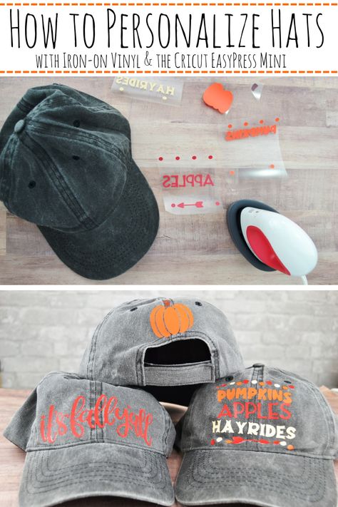 Iron On Hats Cricut, Cricut Mini Heat Press Projects, Cricut Trucker Hat Diy, Cricut Binder, Cricut Hats, Easy Press Mini, Cricut Vinyl Projects, Wearable Crafts, Cricut Iron On Vinyl