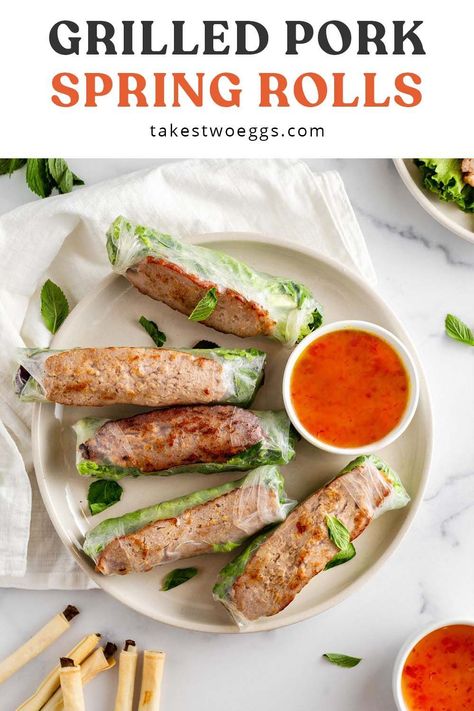 These delicious Nem Nướng Cuon or grilled pork spring rolls are packed with vibrant Vietnamese flavors, fresh herbs, and pairs with lime garlic fish sauce. They are pretty simple to make, all you need is a little patience, a food processor, and a trip to your local Vietnamese grocery store and you are ready to go! Vietnamese Pork Roll, Fresh Spring Rolls Recipe, Vietnamese Fresh Spring Rolls, Vietnamese Spring Rolls Recipe, Nem Nuong, Pork Spring Rolls, Vietnamese Grilled Pork, Vietnamese Pork, Pork Egg Rolls