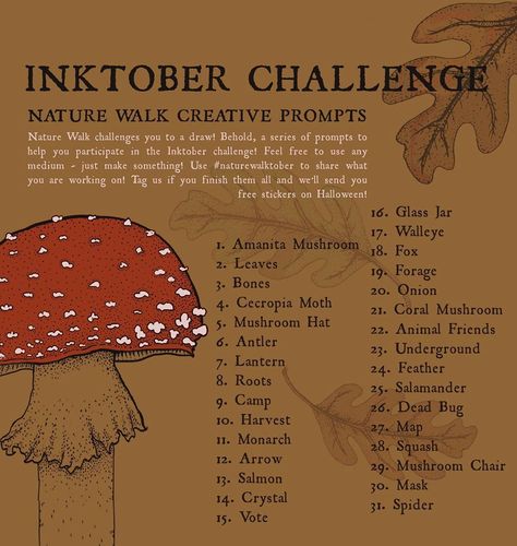 NATURE WALK on Instagram: “🍄 We challenge you to a draw! 🎃 A creative prompt for you each day of October. Finish the list by October 31st for free stickers shipped to…” November Writing Challenge, November Art Prompts, October Drawing Prompts, October Drawing Challenge, October Drawings, Sketch Prompts, 30 Day Art Challenge, November Challenge, 30 Day Drawing Challenge