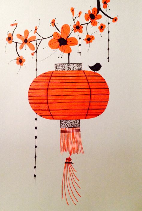 Chinese Lantern                                                                                                                                                      More Chinese Lantern Drawing, Chinese Lanterns Diy, Marker Kunst, Lantern Drawing, Chinese Drawing, Chinese Drawings, Asian Cards, Chinese Illustration, Arte Doodle