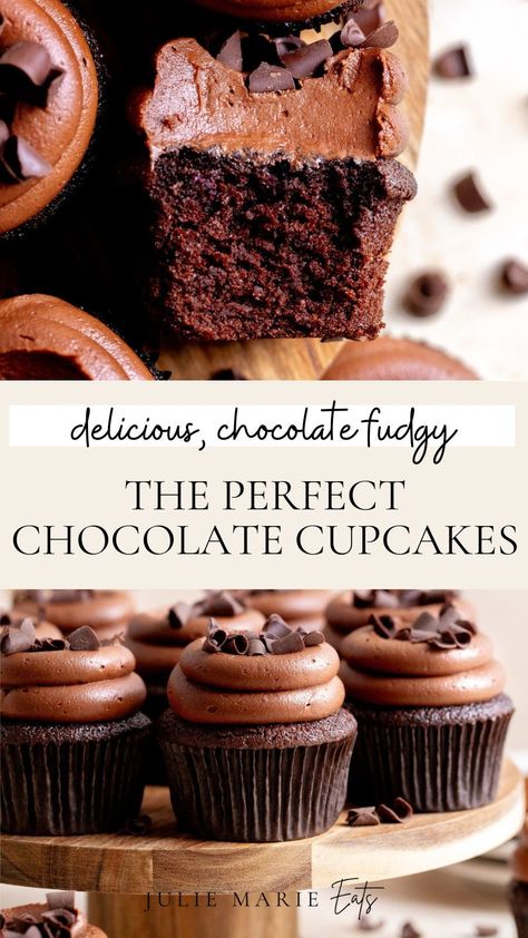 Wondering how to make the perfect chocolate cupcakes from scratch? Julie Marie Eats shares this easy chocolate cupcake recipe with smooth chocolate buttercream perfect as birthday cupcakes for a chocolate dessert lover or for any party dessert idea. Follow for more homemade dessert ideas and baking tips. Chocolate Cupcakes With Whipped Frosting, Classic Chocolate Cupcakes, Decadent Chocolate Cupcakes, Bakery Style Chocolate Cupcakes, Chocolate Cupcakes With Pudding, Triple Chocolate Cupcakes, Men’s Cupcakes, Chocolate Cupcakes With Filling, Birthday Chocolate Cupcakes